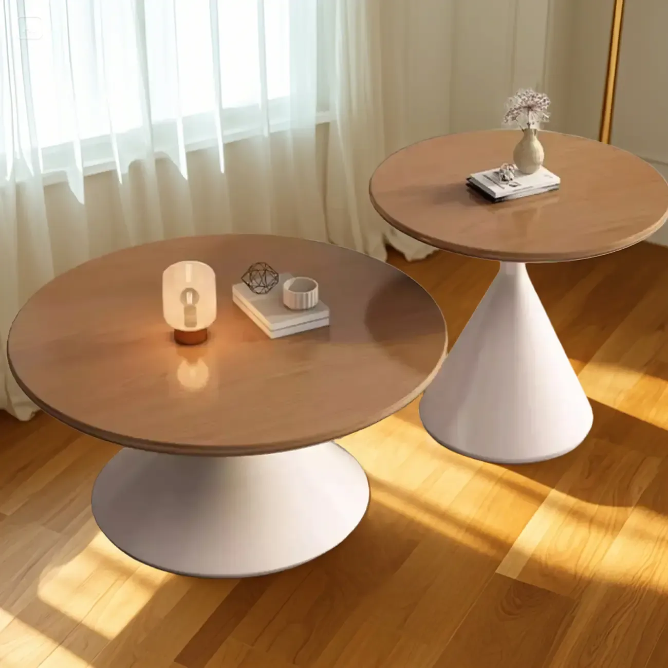 Vintage Wood Round Nesting Coffee Table Set with White Base Image - 5