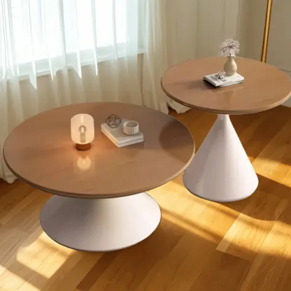 Vintage Wood Round Nesting Coffee Table Set with White Base Image - 5