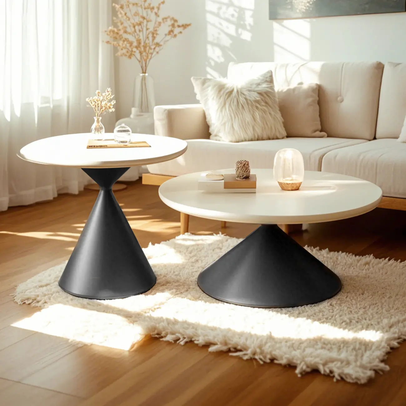 Vintage Wood Round Nesting Coffee Table Set with White Base Image - 6 | homeyfad