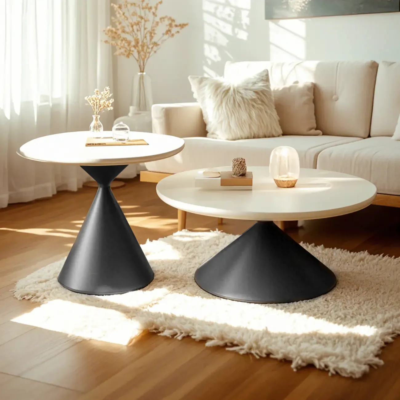Vintage Wood Round Nesting Coffee Table Set with White Base Image - 6