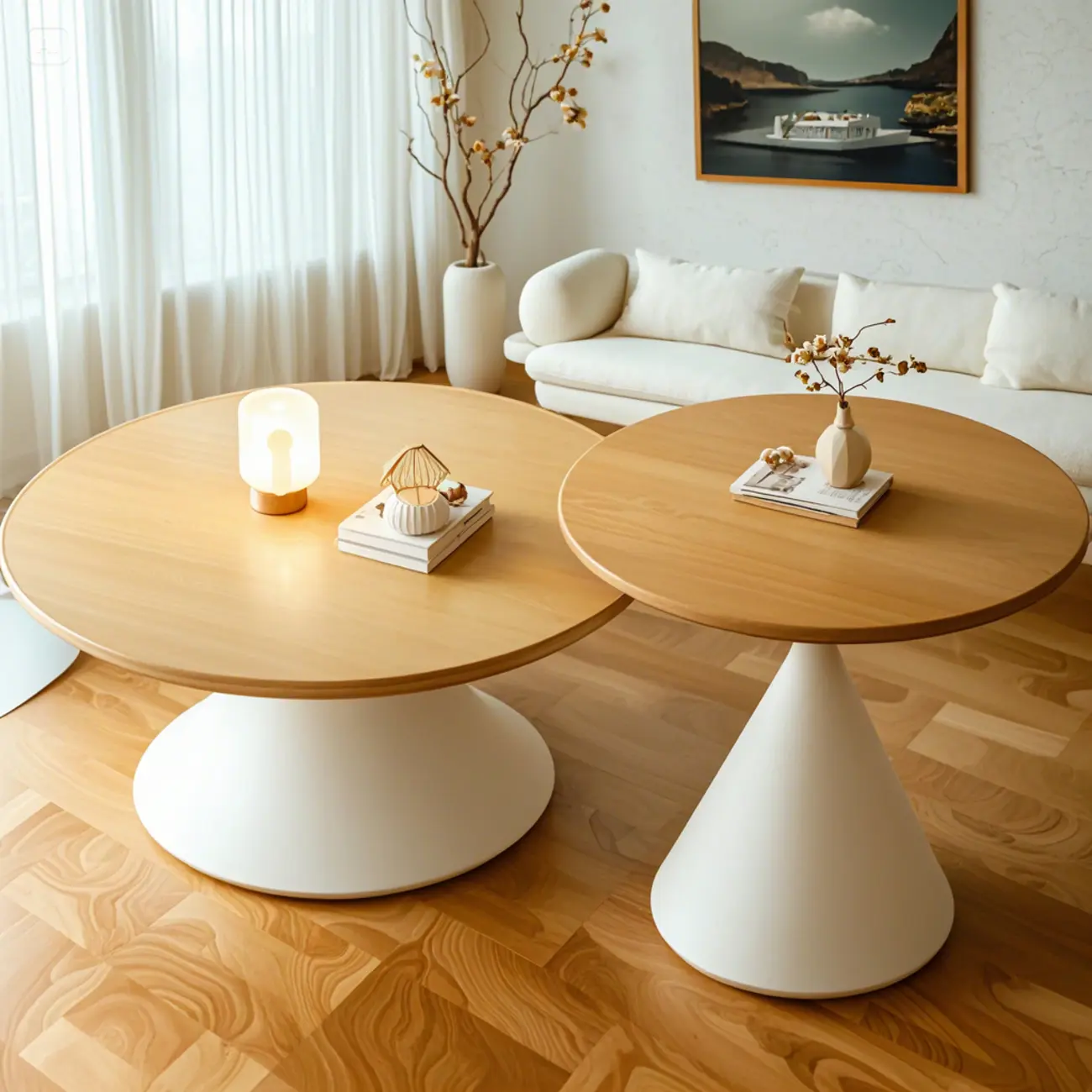 Vintage Wood Round Nesting Coffee Table Set with White Base Image - 7 | homeyfad