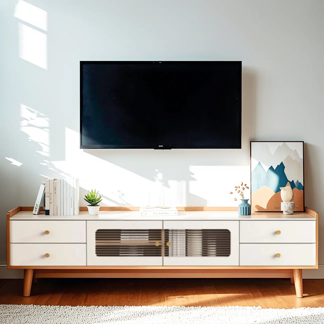 Minimalist Stone TV Stand with Drawers & Wooden Legs for Home Image - 3 | homeyfad