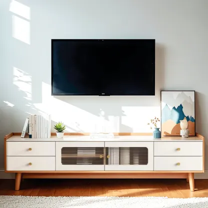 Minimalist Stone TV Stand with Drawers & Wooden Legs for Home Image - 3