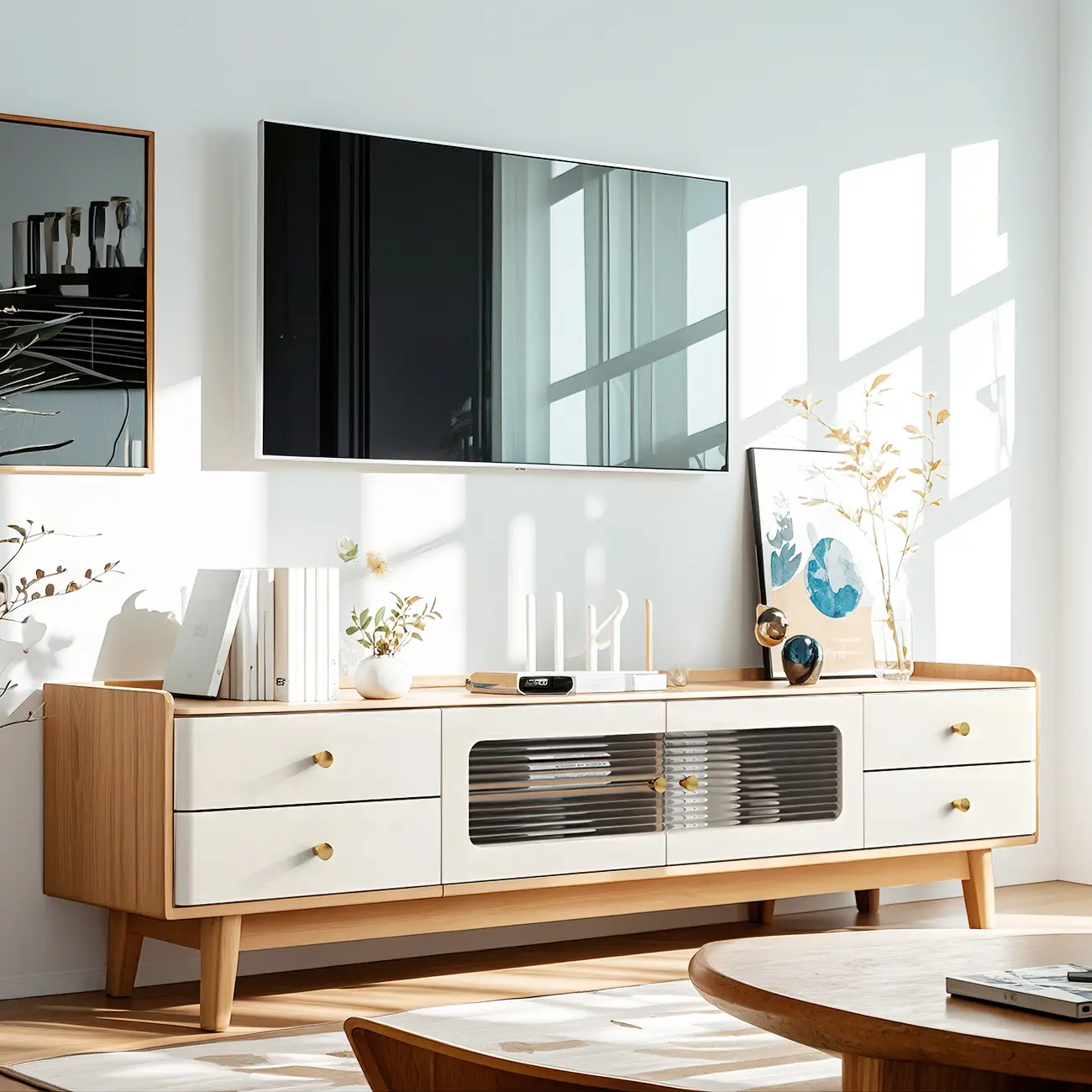 Minimalist Stone TV Stand with Drawers & Wooden Legs for Home Image - 1 | homeyfad