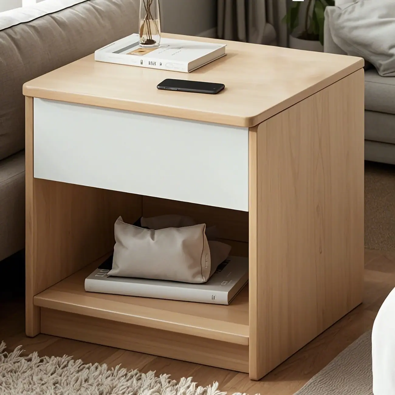 Modern Wooden Nightand with White Drawer and Open Storage Image - 2 | homeyfad