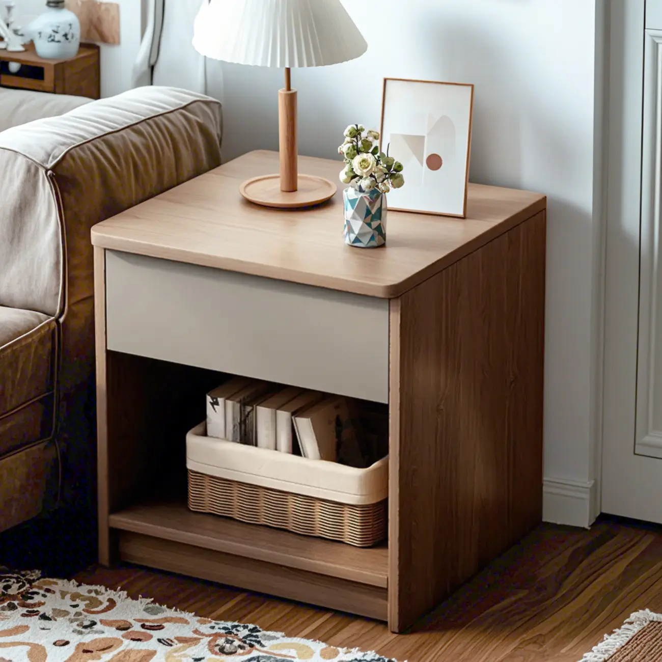 Modern Wooden Nightand with White Drawer and Open Storage Image - 1 | homeyfad