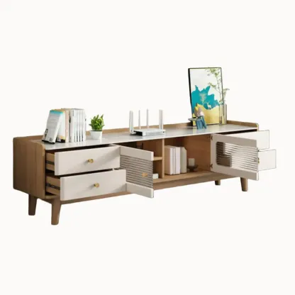 Minimalist Stone TV Stand with Drawers & Wooden Legs for Home Image - 4