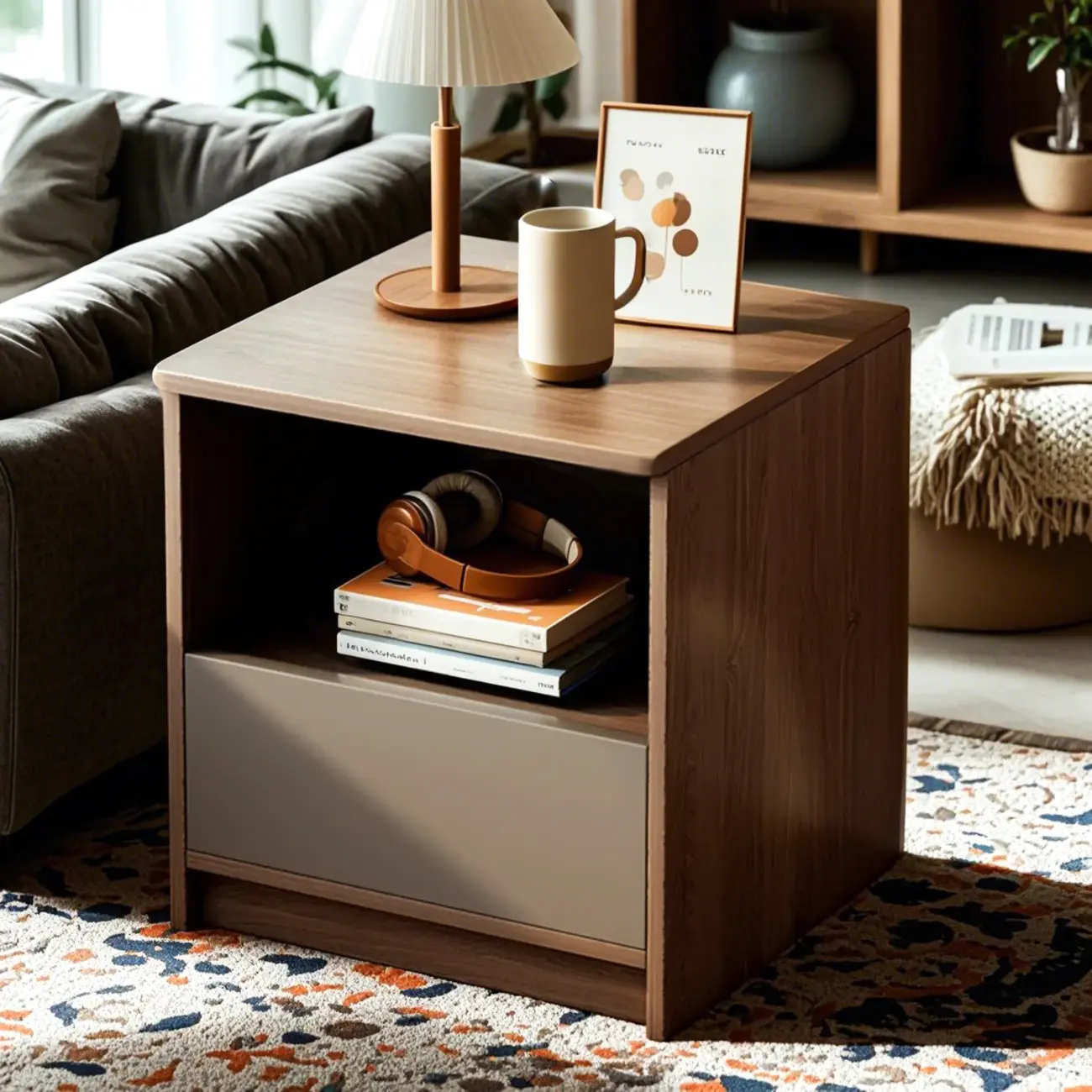 Modern Wooden Nightand with White Drawer and Open Storage Image - 3 | homeyfad