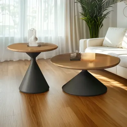 Vintage Wood Round Nesting Coffee Table Set with White Base Image - 8