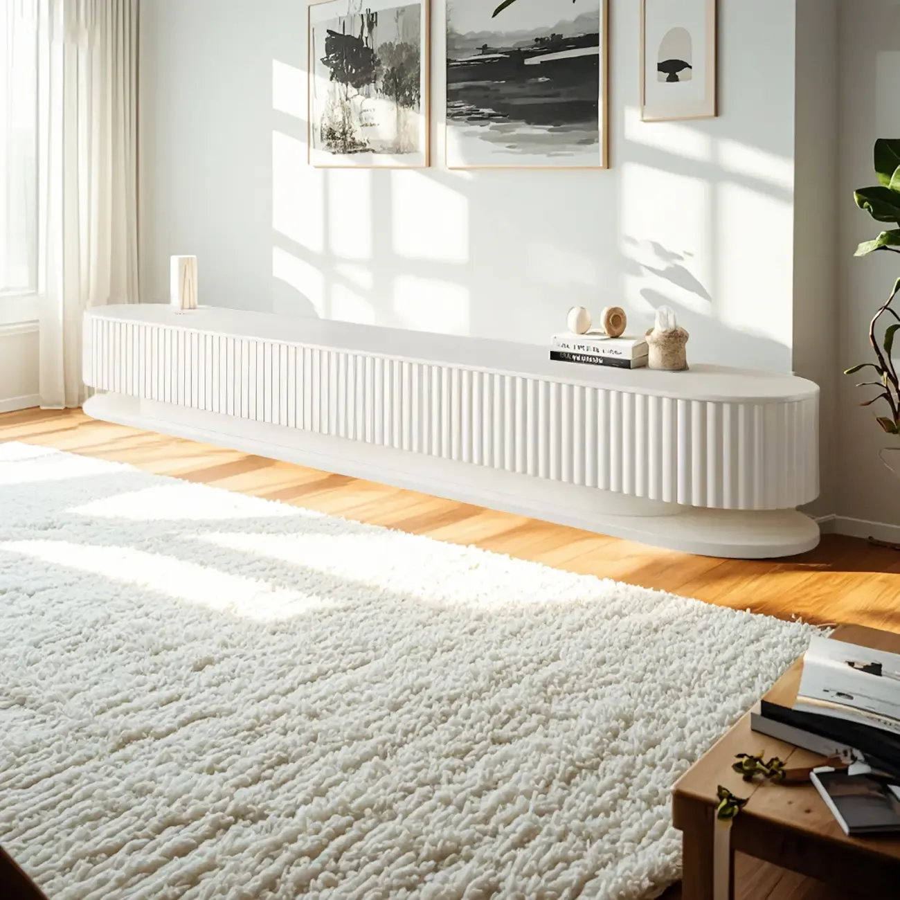 Modern White Wooden TV Stand with Curved Design Image - 2