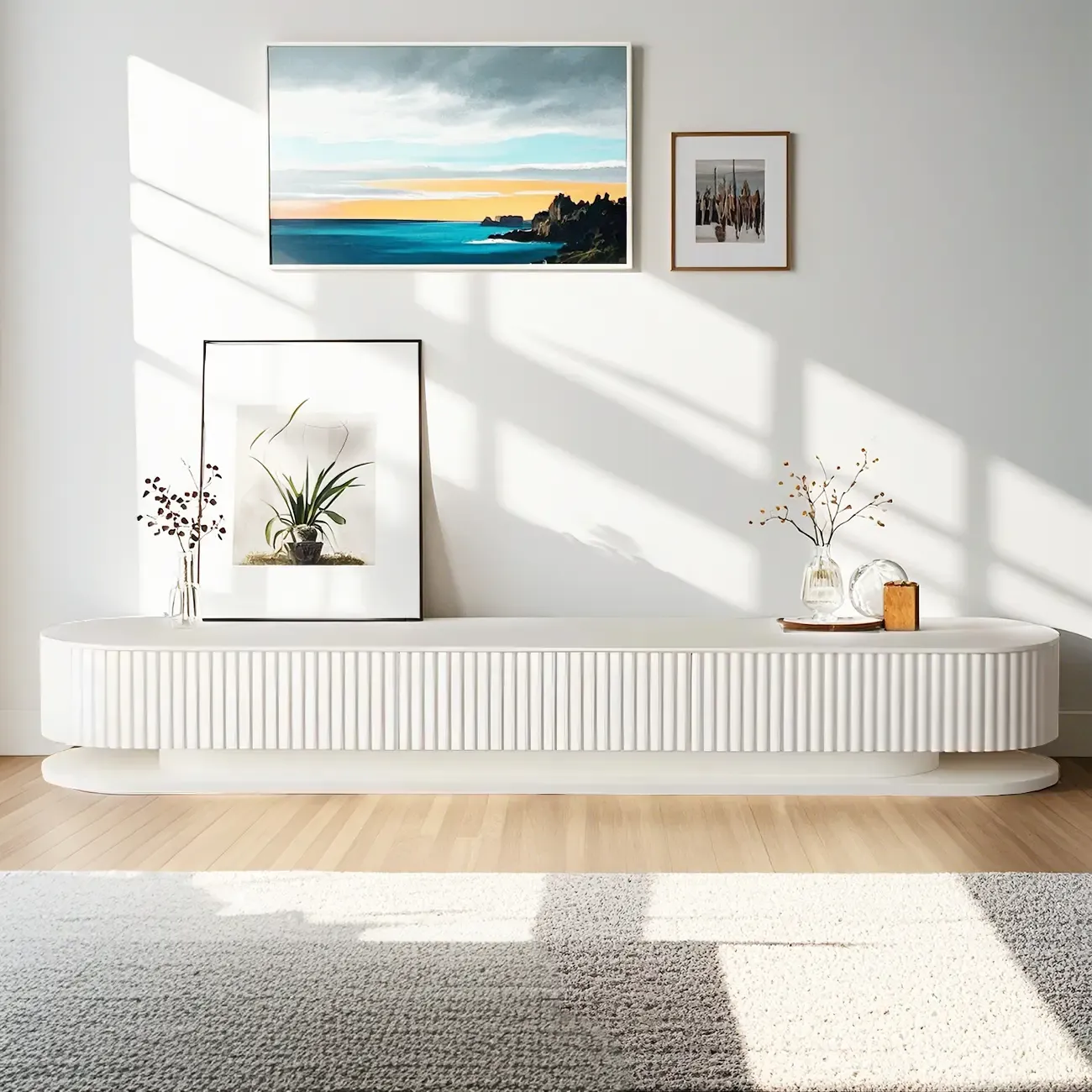 Modern White Wooden TV Stand with Curved Design Image - 1