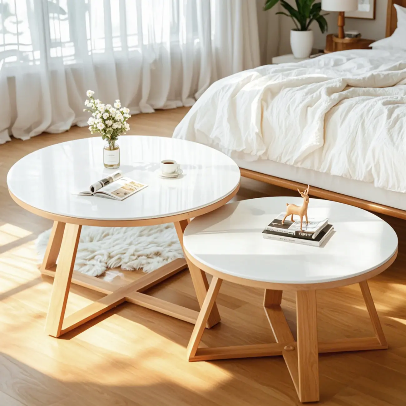 Modern Marble Round 2 Nesting Coffee Table Set with Wood Base Image - 1 | homeyfad