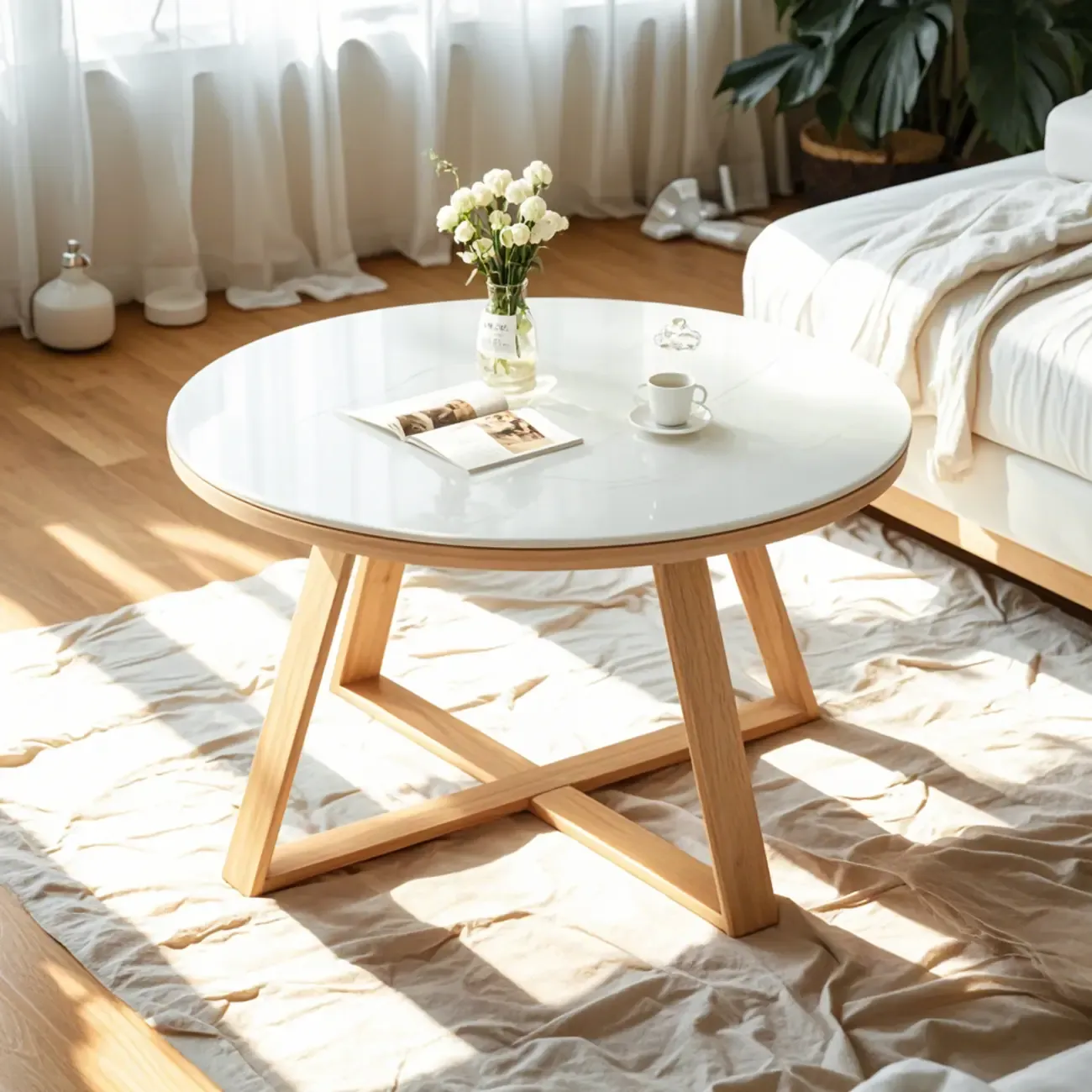 Modern Marble Round 2 Nesting Coffee Table Set with Wood Base Image - 2