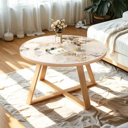 Modern Marble Round 2 Nesting Coffee Table Set with Wood Base Image - 3