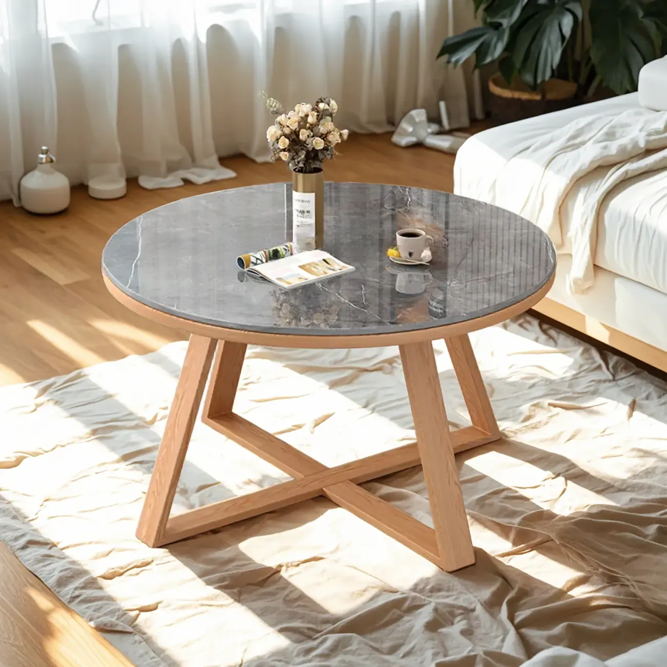 Modern Marble Round 2 Nesting Coffee Table Set with Wood Base Image - 5