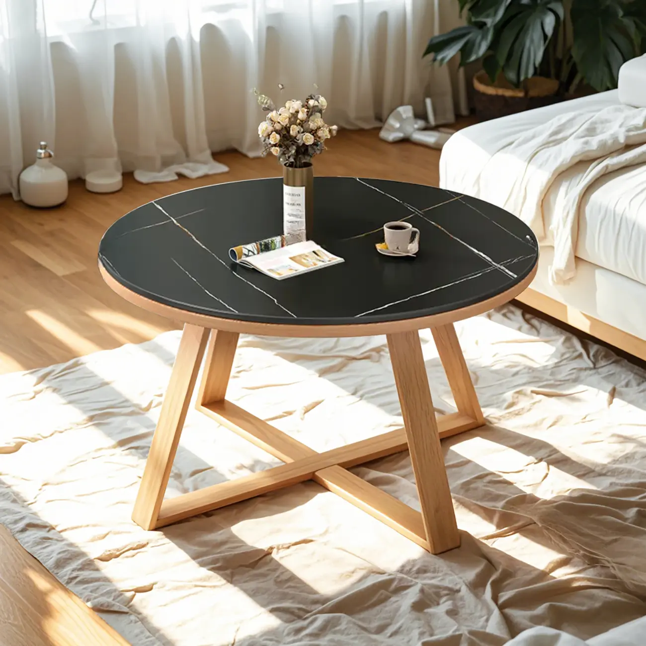 Modern Marble Round 2 Nesting Coffee Table Set with Wood Base Image - 7 | homeyfad
