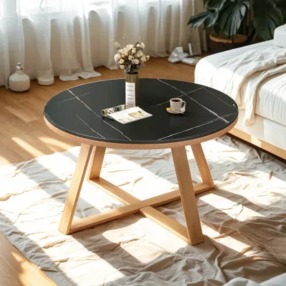 Modern Marble Round 2 Nesting Coffee Table Set with Wood Base Image - 7