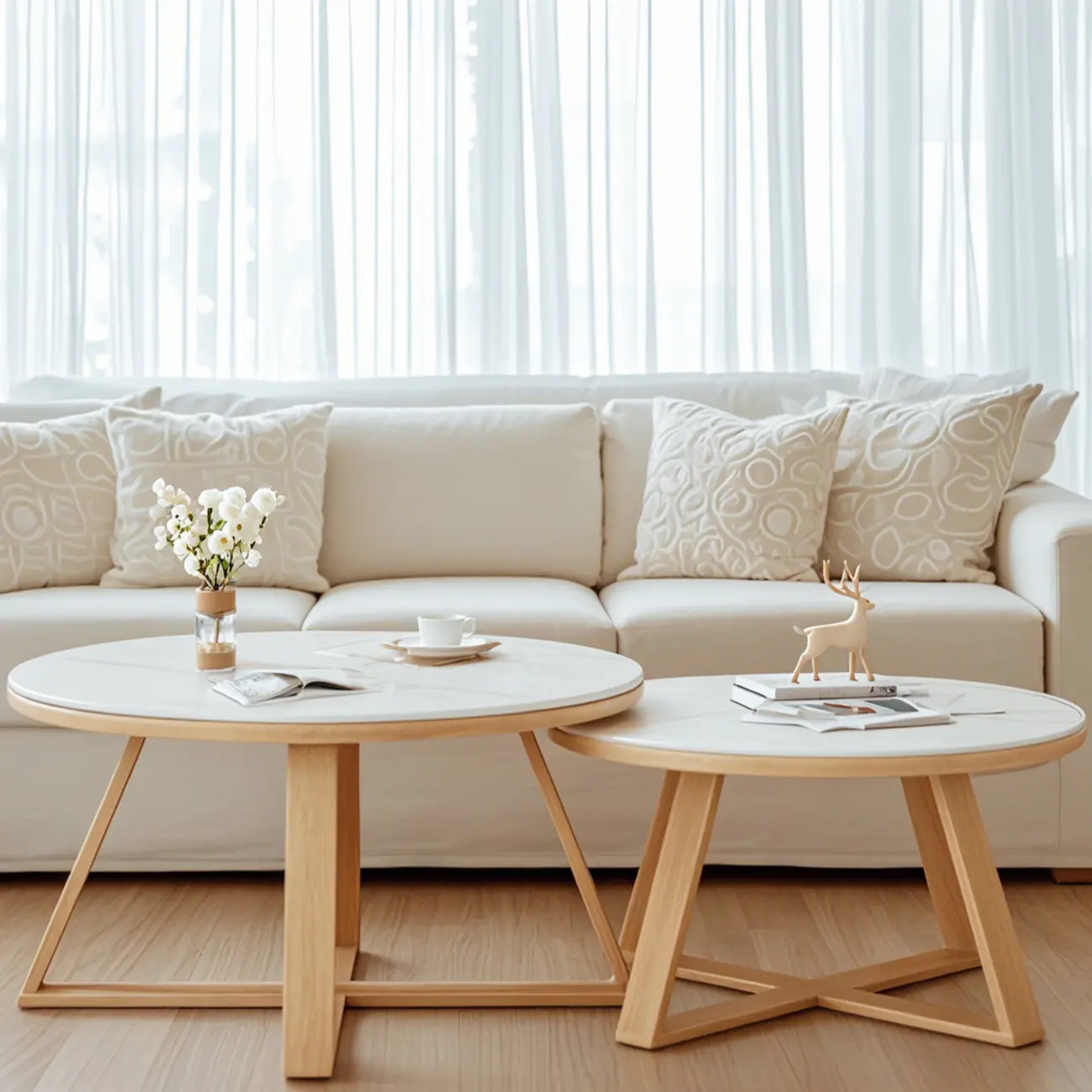 Modern Marble Round 2 Nesting Coffee Table Set with Wood Base Image - 4 | homeyfad