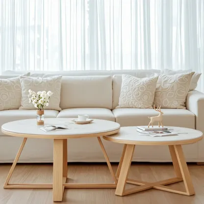 Modern Marble Round 2 Nesting Coffee Table Set with Wood Base Image - 4