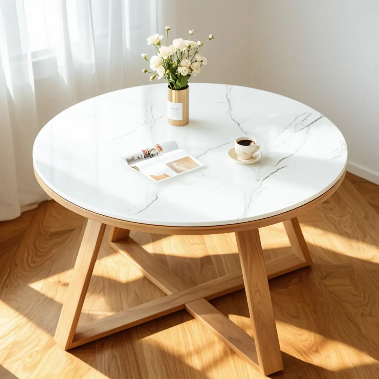 Modern Marble Round 2 Nesting Coffee Table Set with Wood Base Image - 8