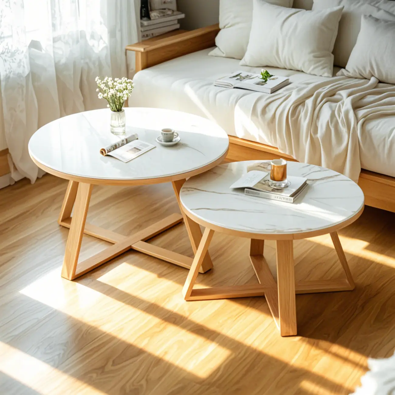 Modern Marble Round 2 Nesting Coffee Table Set with Wood Base Image - 9 | homeyfad