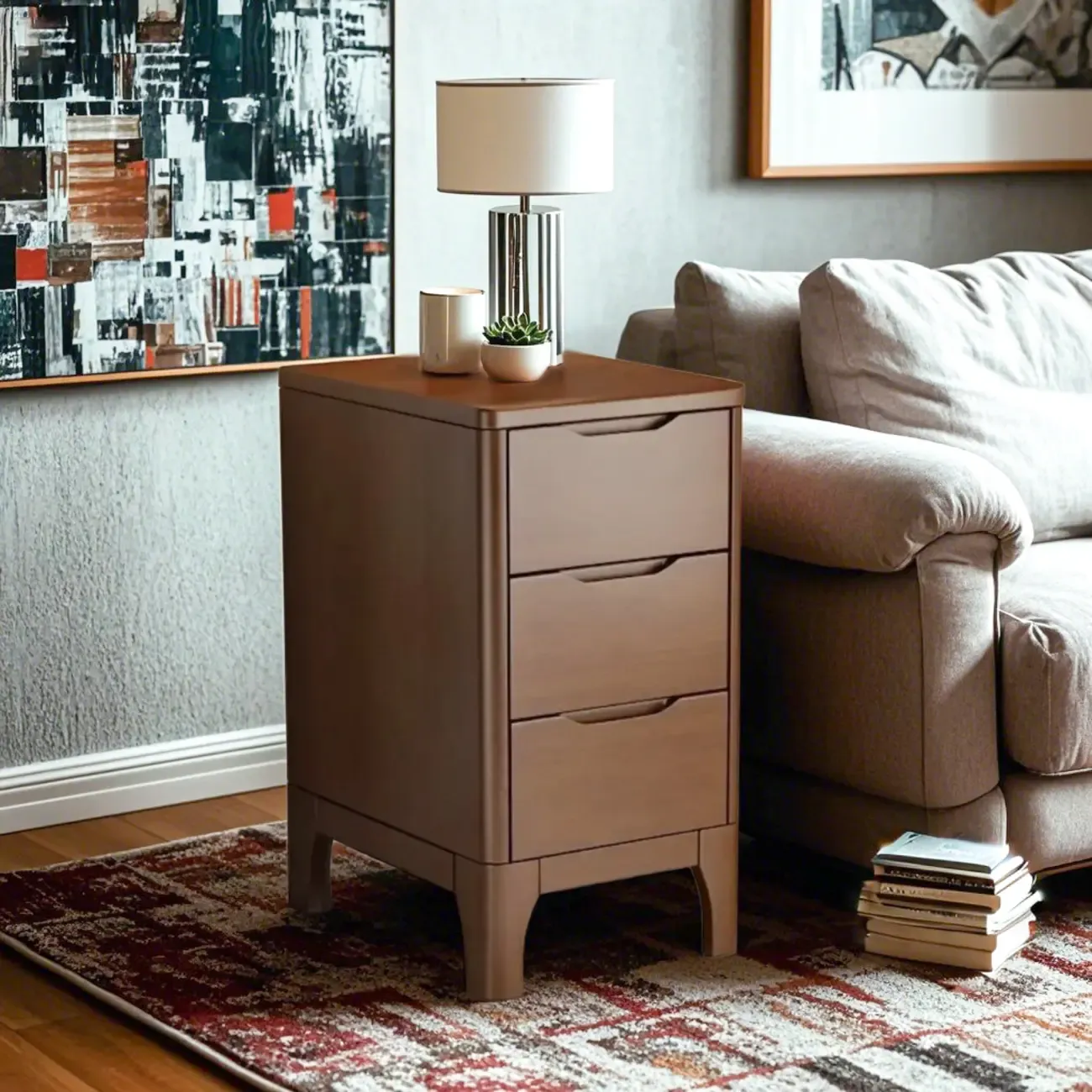 Natural Wooden Narrow Corner Bedside Table with 3 Drawers Image - 2