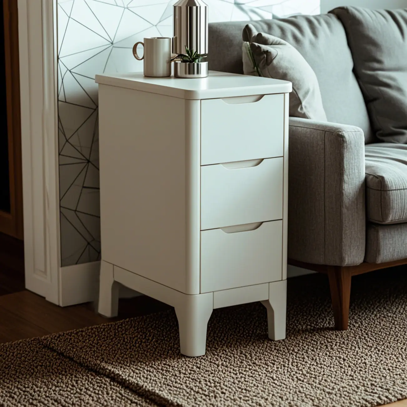 Natural Wooden Narrow Corner Bedside Table with 3 Drawers Image - 6 | homeyfad