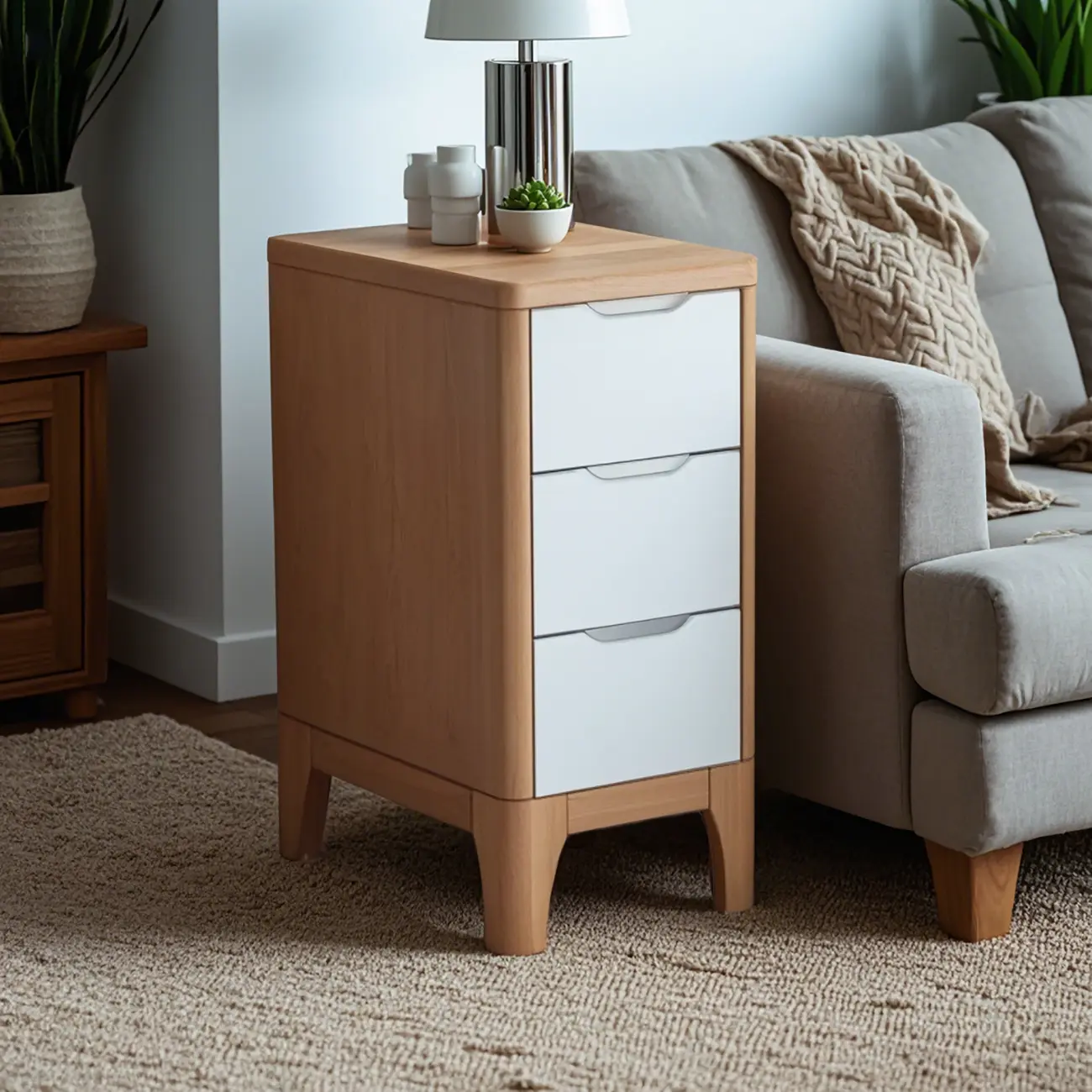 Natural Wooden Narrow Corner Bedside Table with 3 Drawers Image - 5 | homeyfad