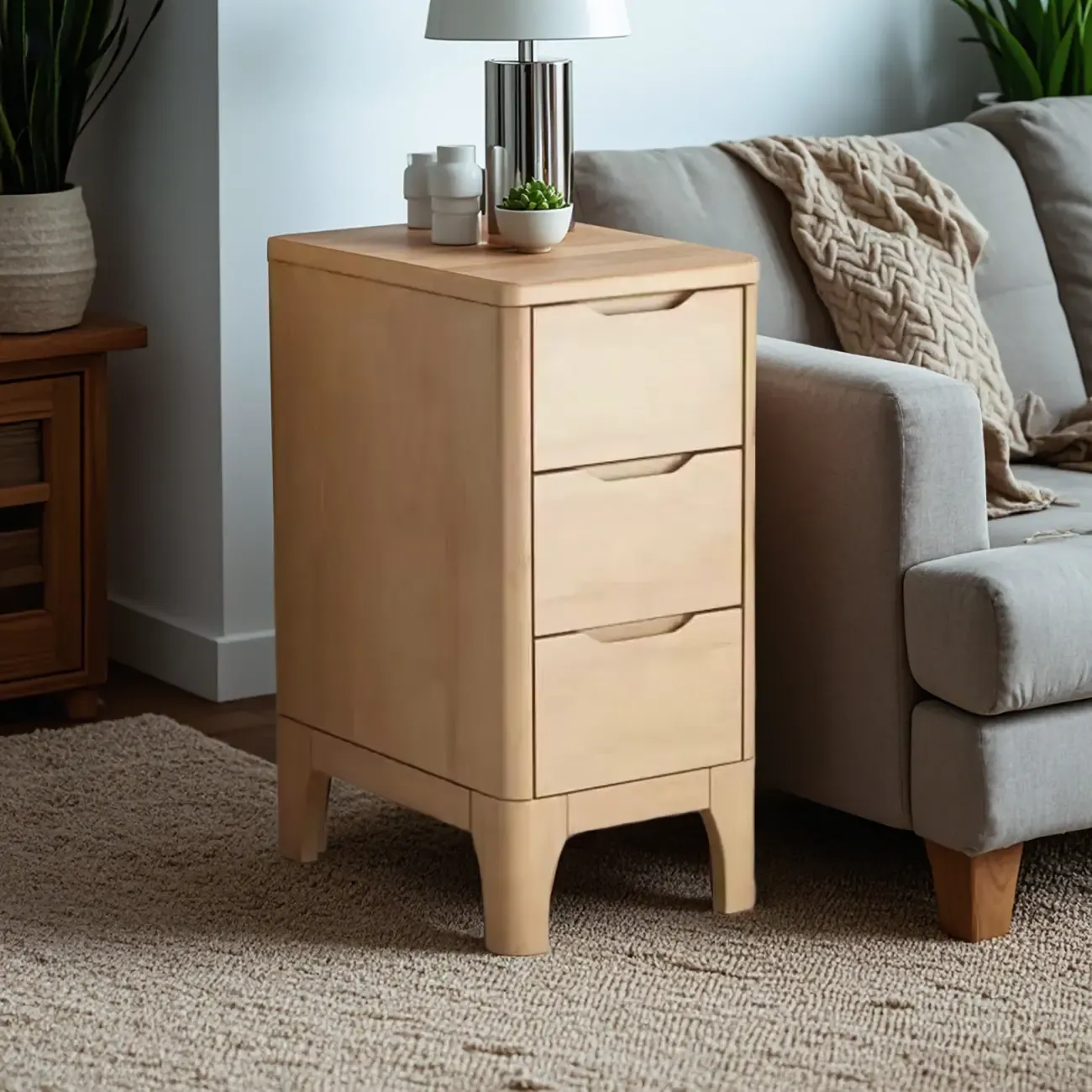 Natural Wooden Narrow Corner Bedside Table with 3 Drawers Image - 4