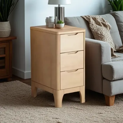 Natural Wooden Narrow Corner Bedside Table with 3 Drawers Image - 4