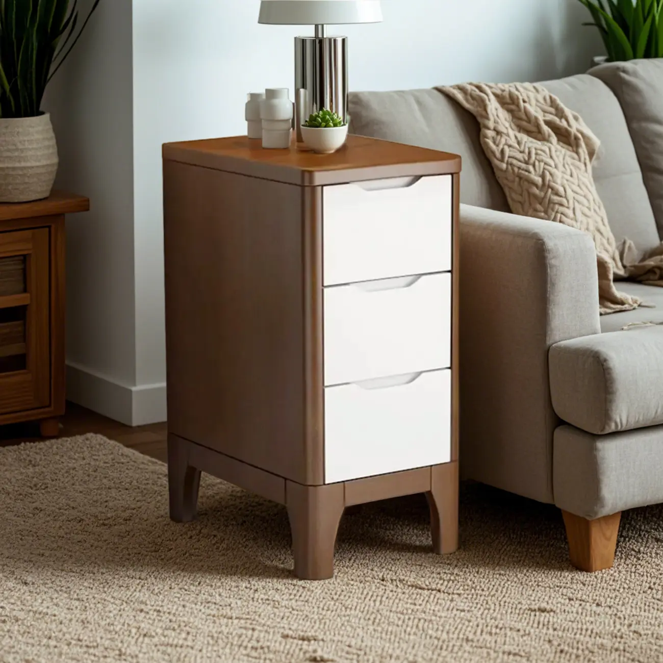 Natural Wooden Narrow Corner Bedside Table with 3 Drawers Image - 3 | homeyfad