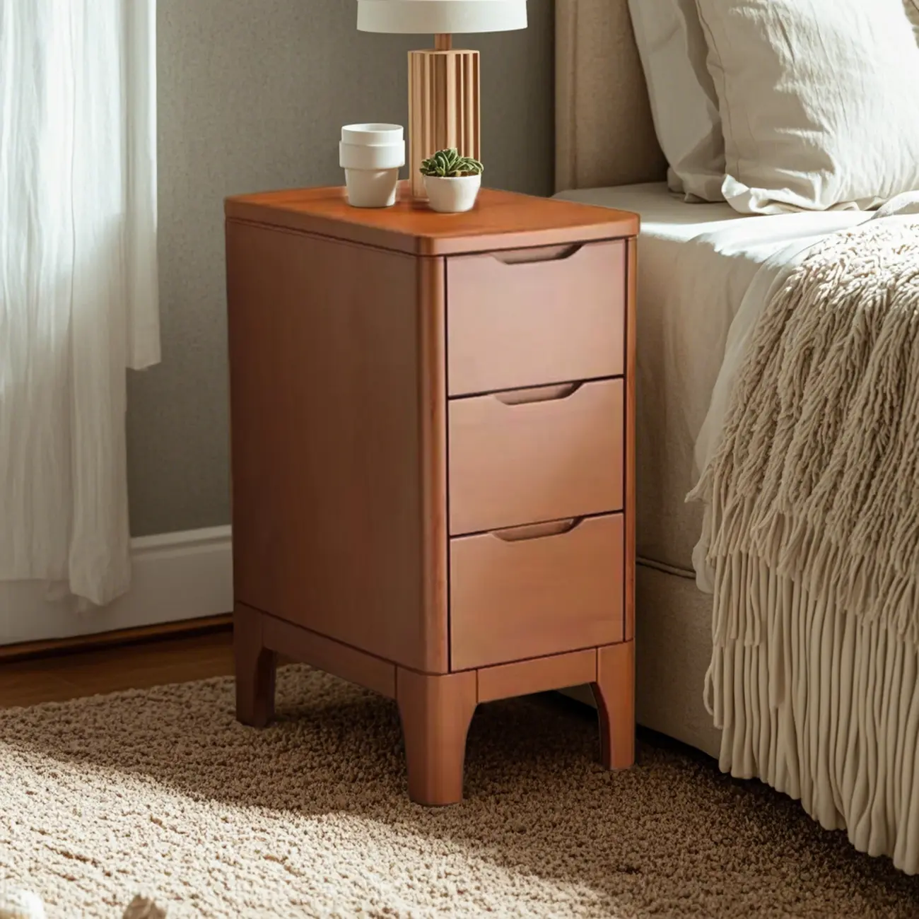 Natural Wooden Narrow Corner Bedside Table with 3 Drawers Image - 7 | homeyfad