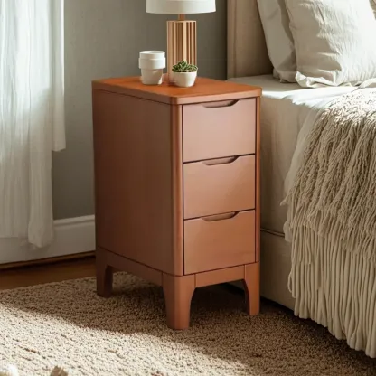 Natural Wooden Narrow Corner Bedside Table with 3 Drawers Image - 7