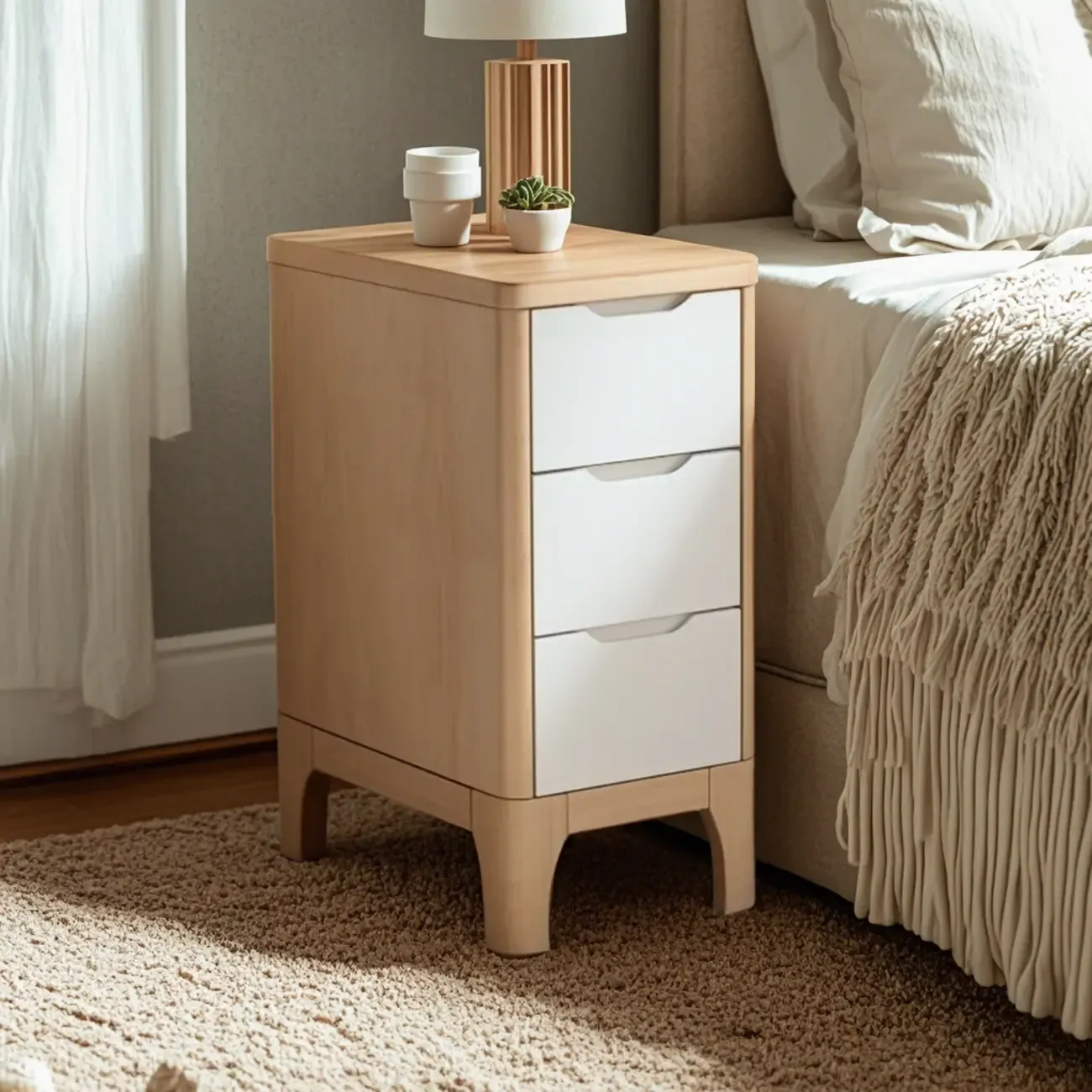 Natural Wooden Narrow Corner Bedside Table with 3 Drawers Image - 1