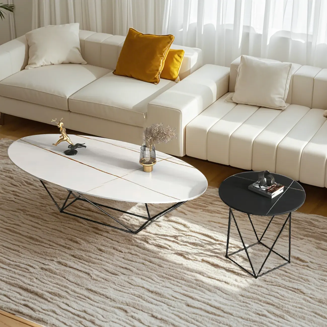 Stylish Metal Black Oval Coffee Table with Geometric Base Image - 1 | homeyfad