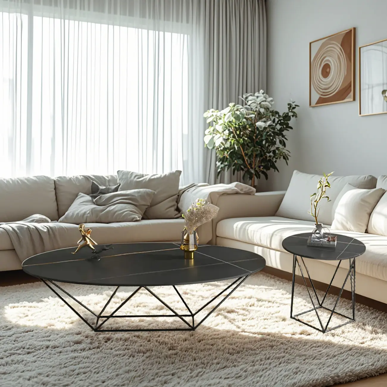 Stylish Metal Black Oval Coffee Table with Geometric Base Image - 2 | homeyfad