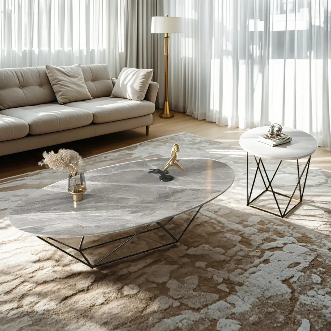 Stylish Metal Black Oval Coffee Table with Geometric Base Image - 5