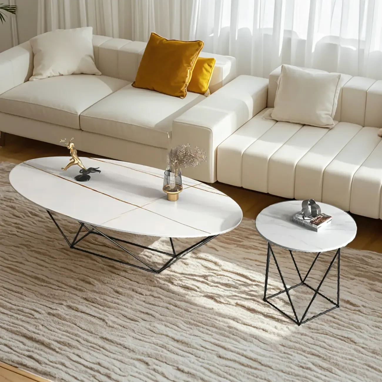 Stylish Metal Black Oval Coffee Table with Geometric Base Image - 8