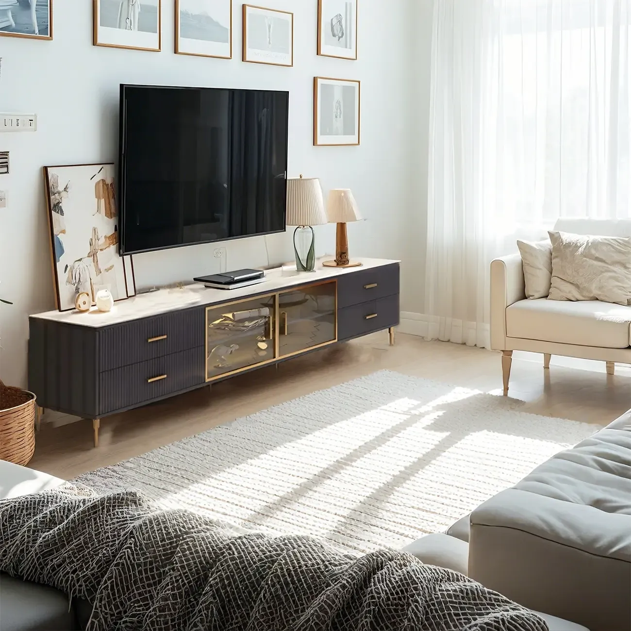 Elegant Stone TV Stand with 4-Drawers & Shelves for Living Room Image - 1