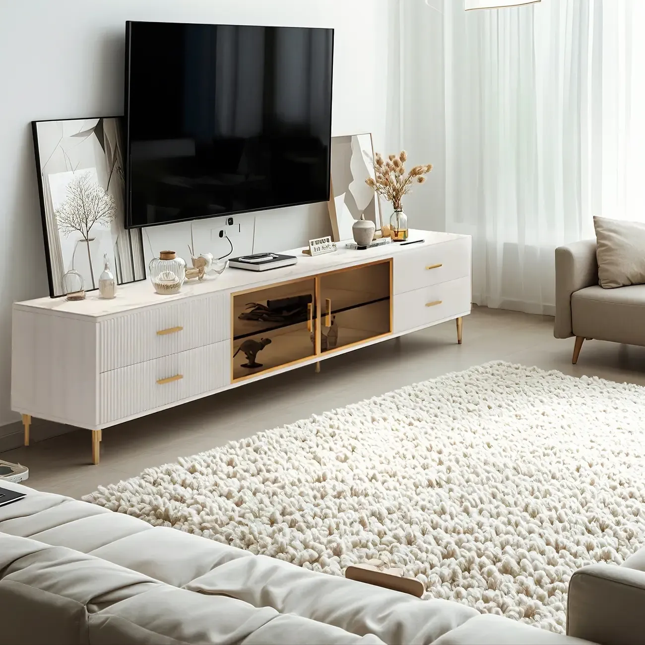 Elegant Stone TV Stand with 4-Drawers & Shelves for Living Room Image - 2