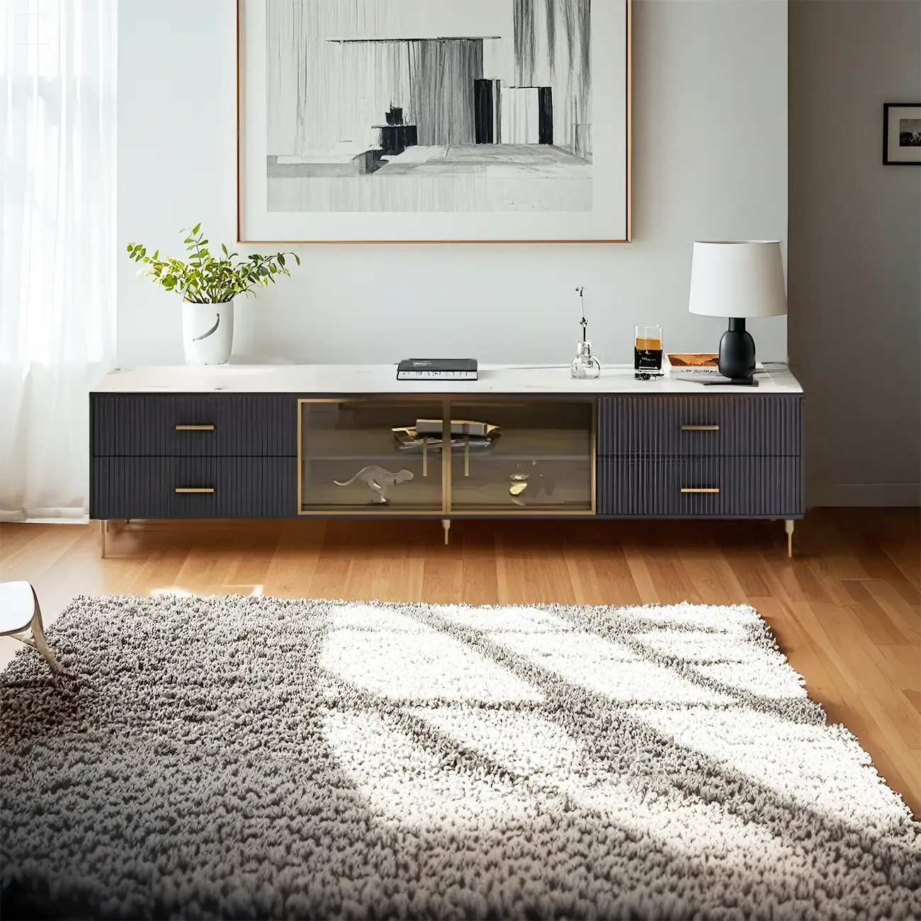 Elegant Stone TV Stand with 4-Drawers & Shelves for Living Room Image - 3