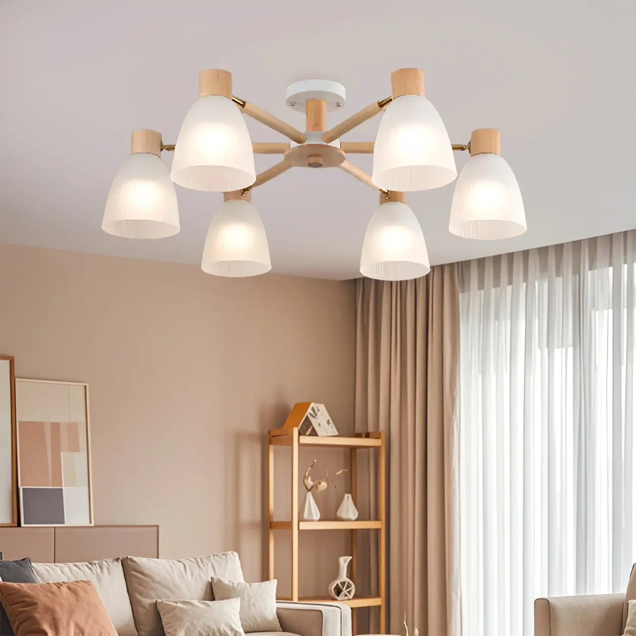 Natural Wood Semi Flush Ceiling Light Geometric Glass Shade Image - 1 | homeyfad