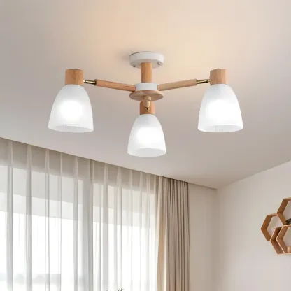 Natural Wood Semi Flush Ceiling Light Geometric Glass Shade Image - 15