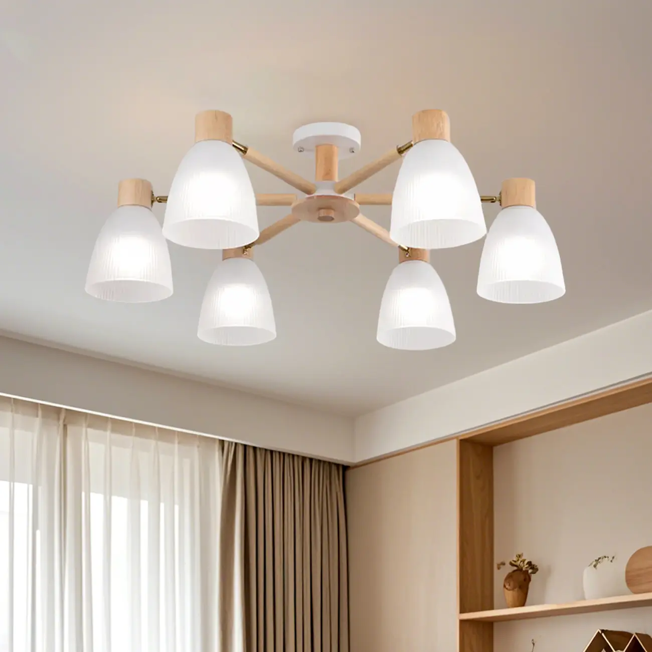 Natural Wood Semi Flush Ceiling Light Geometric Glass Shade Image - 16 | homeyfad