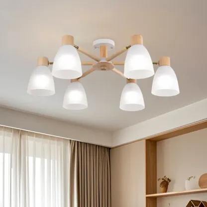 Natural Wood Semi Flush Ceiling Light Geometric Glass Shade Image - 16