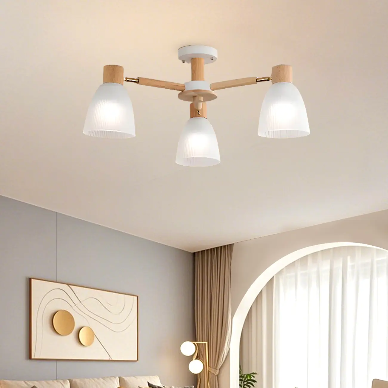 Natural Wood Semi Flush Ceiling Light Geometric Glass Shade Image - 4 | homeyfad