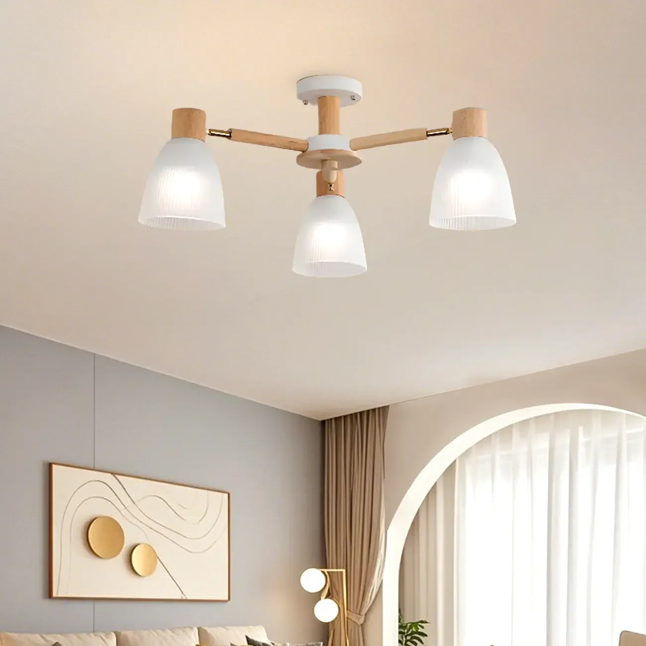 Natural Wood Semi Flush Ceiling Light Geometric Glass Shade Image - 4
