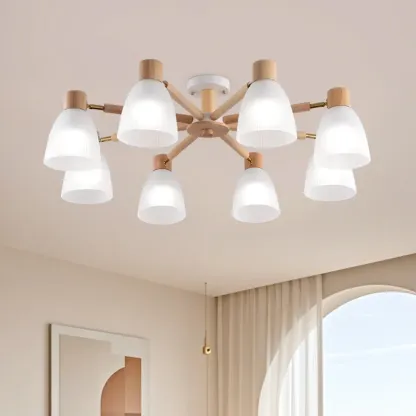 Natural Wood Semi Flush Ceiling Light Geometric Glass Shade Image - 17