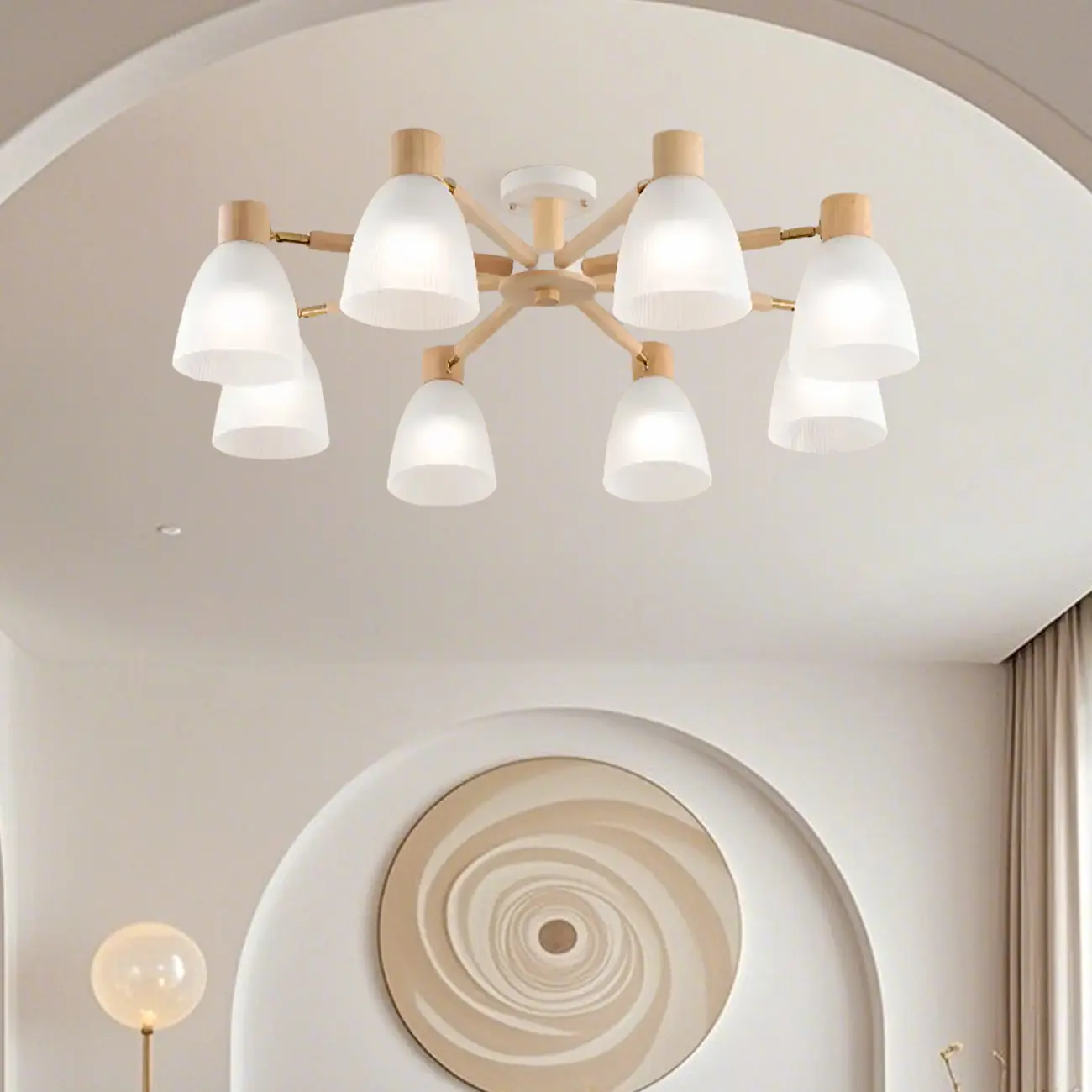 Natural Wood Semi Flush Ceiling Light Geometric Glass Shade Image - 6 | homeyfad
