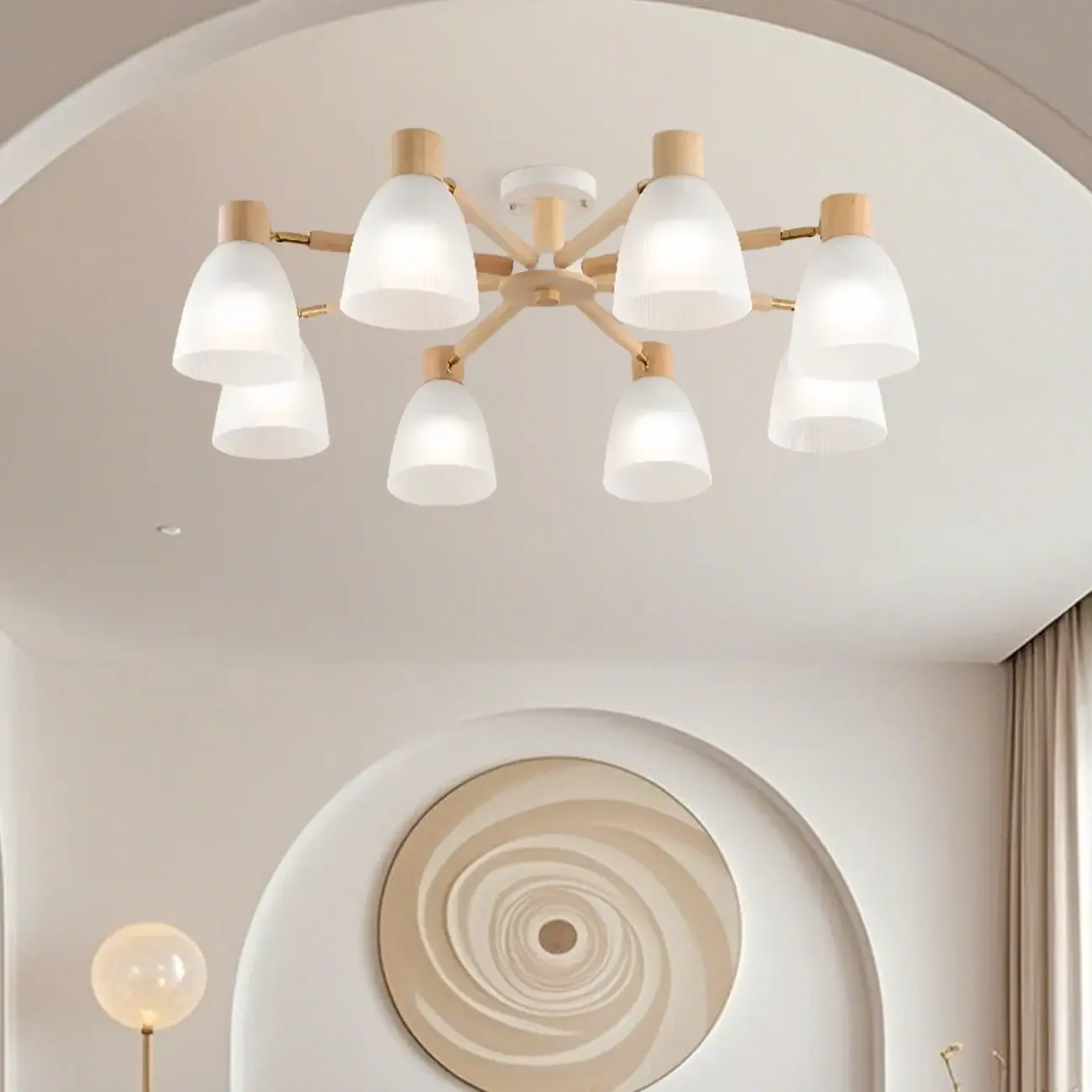 Natural Wood Semi Flush Ceiling Light Geometric Glass Shade Image - 6